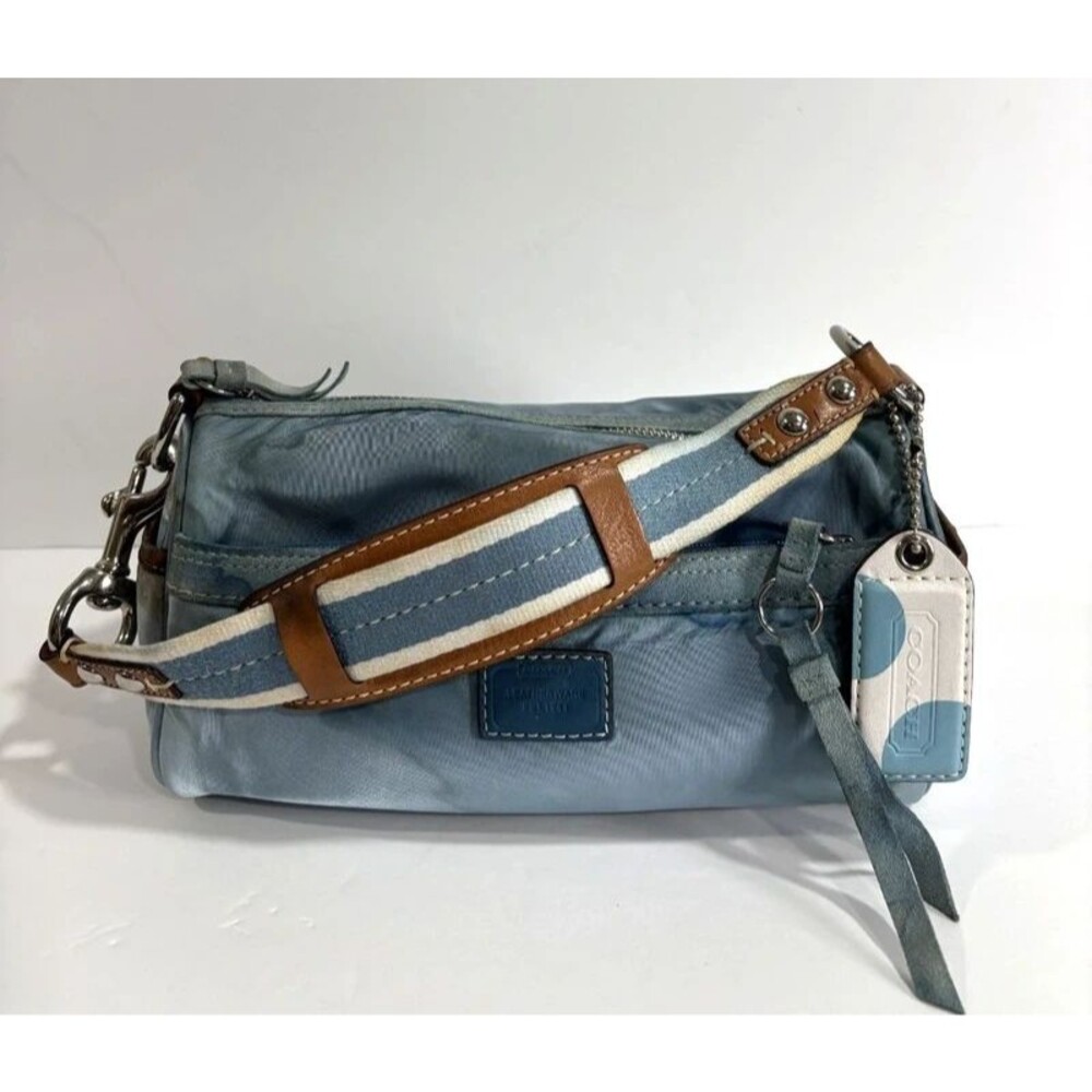 Coach Women's Shoulder Bag Blue Sateen Leather Trim Mini Barrel Vintage RARE **